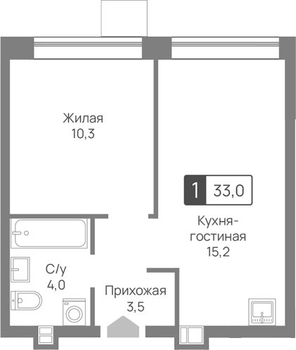 2-комн., 33 м², 4/9 этаж, ЖК «Лесная Отрада»