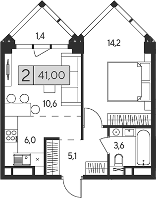 2-комн., 39.6 м², 25/28 этаж, ЖК «Инди Тауэрз от Аквилон»