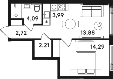2-комн., 41.18 м², 32/41 этаж, ЖК «СОЛОС»