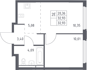 2-комн., 32.93 м², 15/17 этаж, ЖК «Космический Квартал»