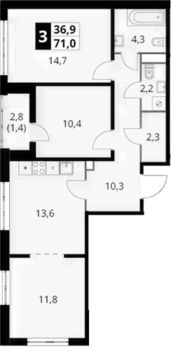 3-комн., 69.6 м², 13/24 этаж, ЖК «Южная Битца»