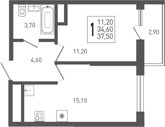 1-комн. квартира, 34.6 м² в ЖК ЖК «Кубанская Крепость» — фото 3
