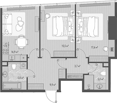 3-комн., 74.4 м², 42/90 этаж, ЖК «ОНЕ»