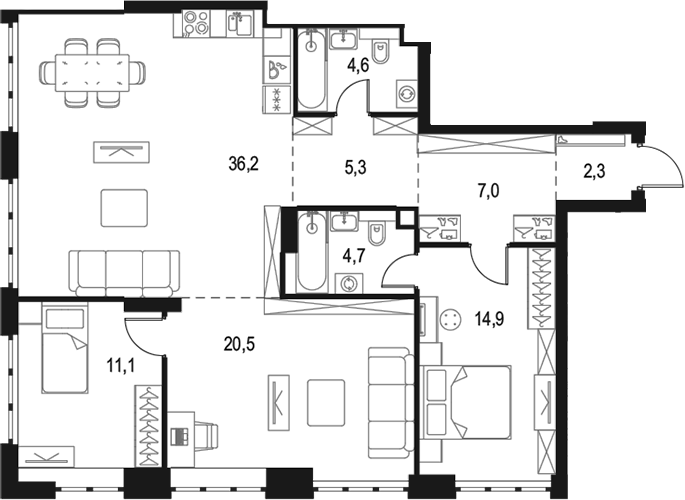 3-комн., 106.6 м², 12/50 этаж, ЖК «Левел Южнопортовая»