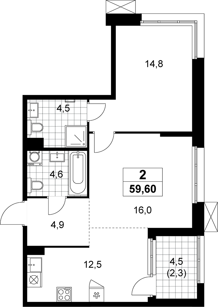 2-комн., 57.3 м², 5/8 этаж, ЖК «Дзен-кварталы»