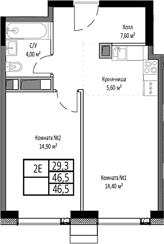 2-комн., 46.5 м², 14/35 этаж, ЖК «Мираполис»