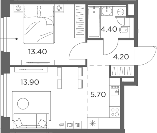 2-комн., 43.4 м², 8/17 этаж, ЖК «Белый Град»