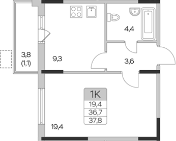 1-комн., 36.7 м², 4/9 этаж, ЖК «Пироговская ривьера. Мытищи»