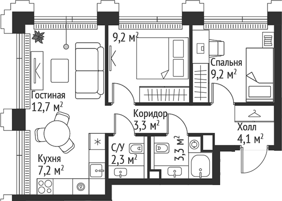 3-комн., 51.3 м², 32/45 этаж, ЖК «СЕТ»