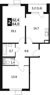 2-комн., 62.4 м², 16/23 этаж, ЖК «Южная Битца»