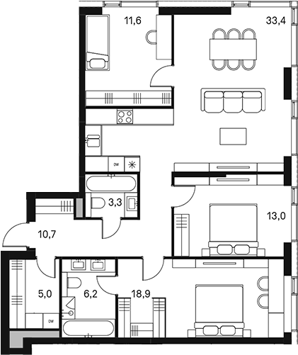 4+ комнаты, 101.6 м², 3/30 этаж, ЖК «Моментс»