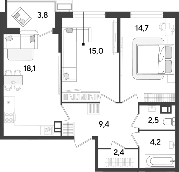 3-комн. квартира, 66.3 м² в ЖК Парк Победы — фото 2