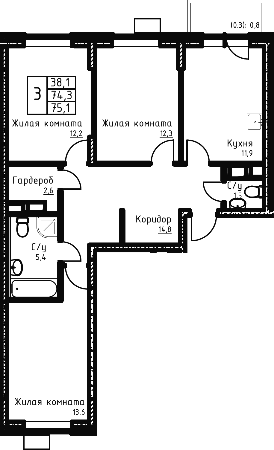 3-комн. Цветочные Поляны