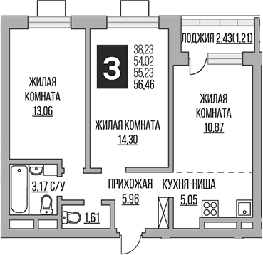 3-комн., 54.02 м², 16/22 этаж, ЖК «Гранель Ильинойс»