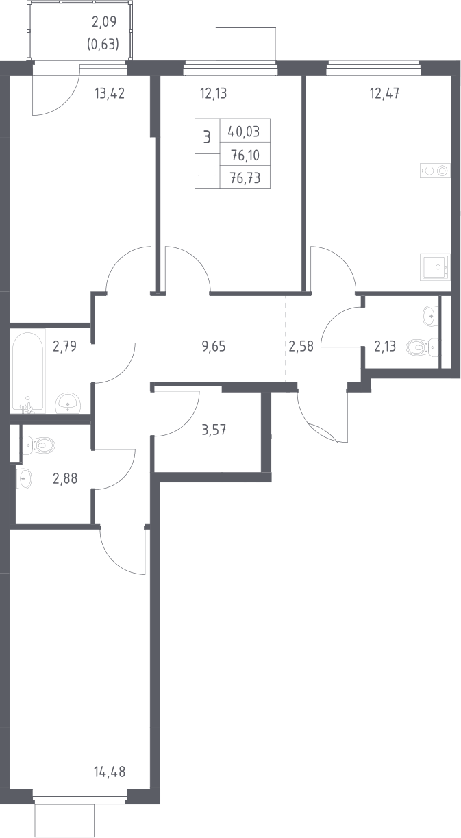 3-комн., 76.1 м², 10/11 этаж, ЖК «Горки Парк»