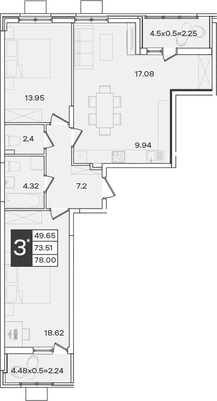 3-комн., 73.51 м², 2/9 этаж, ЖК «Сюжеты»
