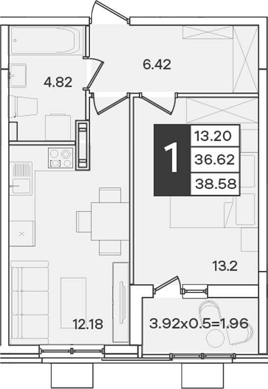 1-комн., 36.62 м², 6/9 этаж, ЖК «Сюжеты»