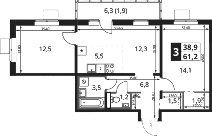 3-комн., 60.3 м², 8/18 этаж, ЖК «1-й Ясеневский»
