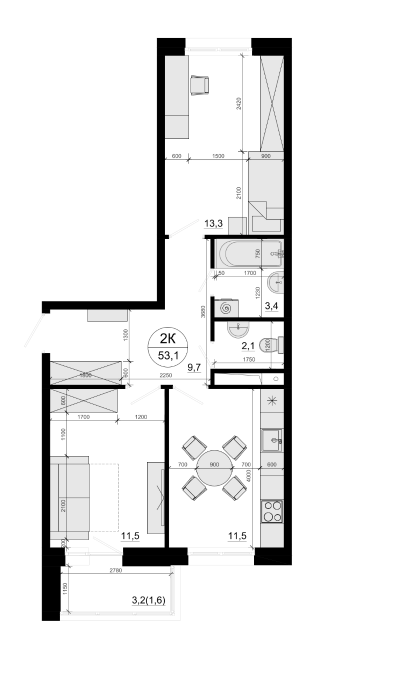 2-комн., 51.5 м², 9/14 этаж, ЖК «Одинцовские Кварталы Эволюция»