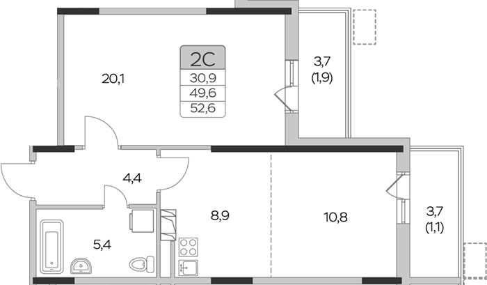 1-комн., 49.6 м², 3/9 этаж, ЖК «Пироговская ривьера. Мытищи»