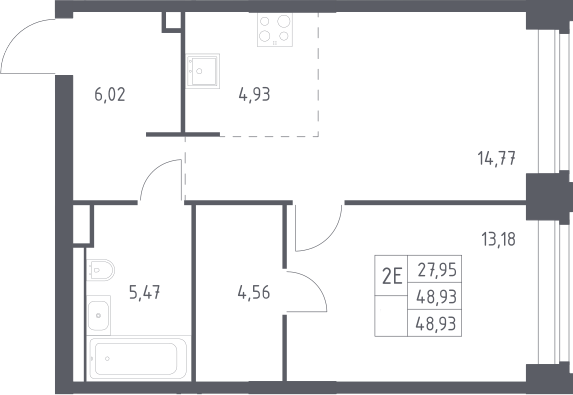 2-комн., 48.93 м², 23/32 этаж, ЖК «НОВА»