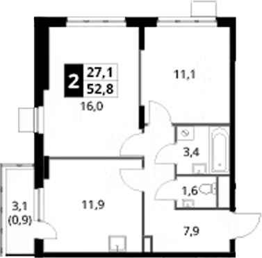 2-комн., 51.9 м², 12/24 этаж, ЖК «1-й Донской»
