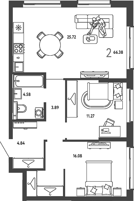 2-комн., 66.38 м², 25/25 этаж, ЖК «Страна.Парковая»