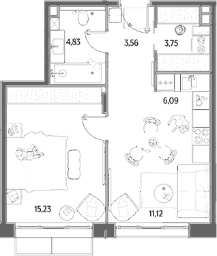 2-комн., 44.58 м², 5/12 этаж, ЖК «МЫС»
