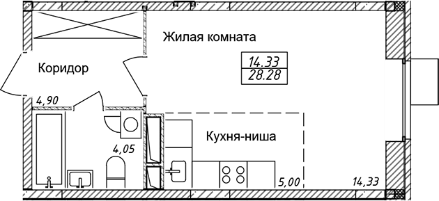 Студия, 28.28 м², 4/8 этаж, ЖК «Солнечный»