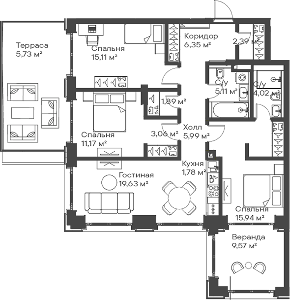 4+ комнаты, 92.44 м², 4/15 этаж, ЖК «Сити Бэй»