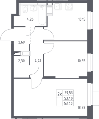 2-комн., 53.4 м², 9/12 этаж, ЖК «Пятницкие Луга»