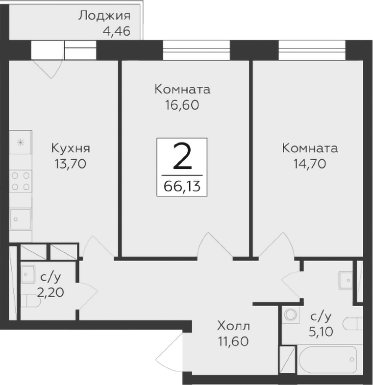 2-комн., 63.9 м², 6/17 этаж, ЖК «Малаховский»