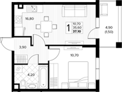 2-комн. квартира, 35.6 м² в ЖК Кипарис — фото 2