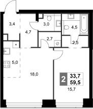 2-комн., 59.5 м², 11/58 этаж, ЖК «Амбер Сити»