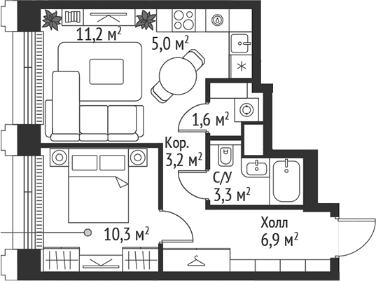 2-комн., 41.5 м², 4/45 этаж, ЖК «СЕТ»