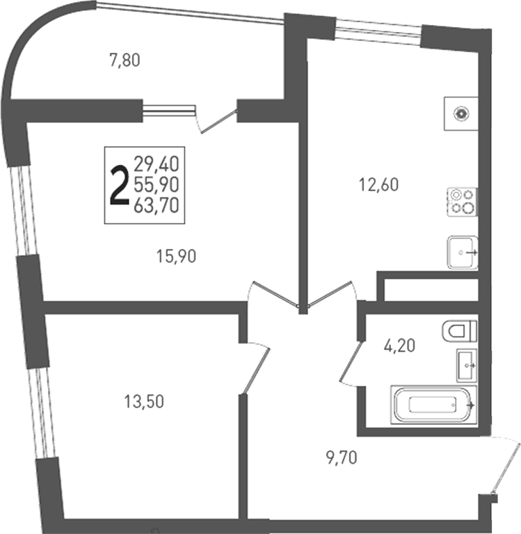 2-комн. квартира, 55.9 м² в ЖК ЖК «Кубанская Крепость» — фото 3