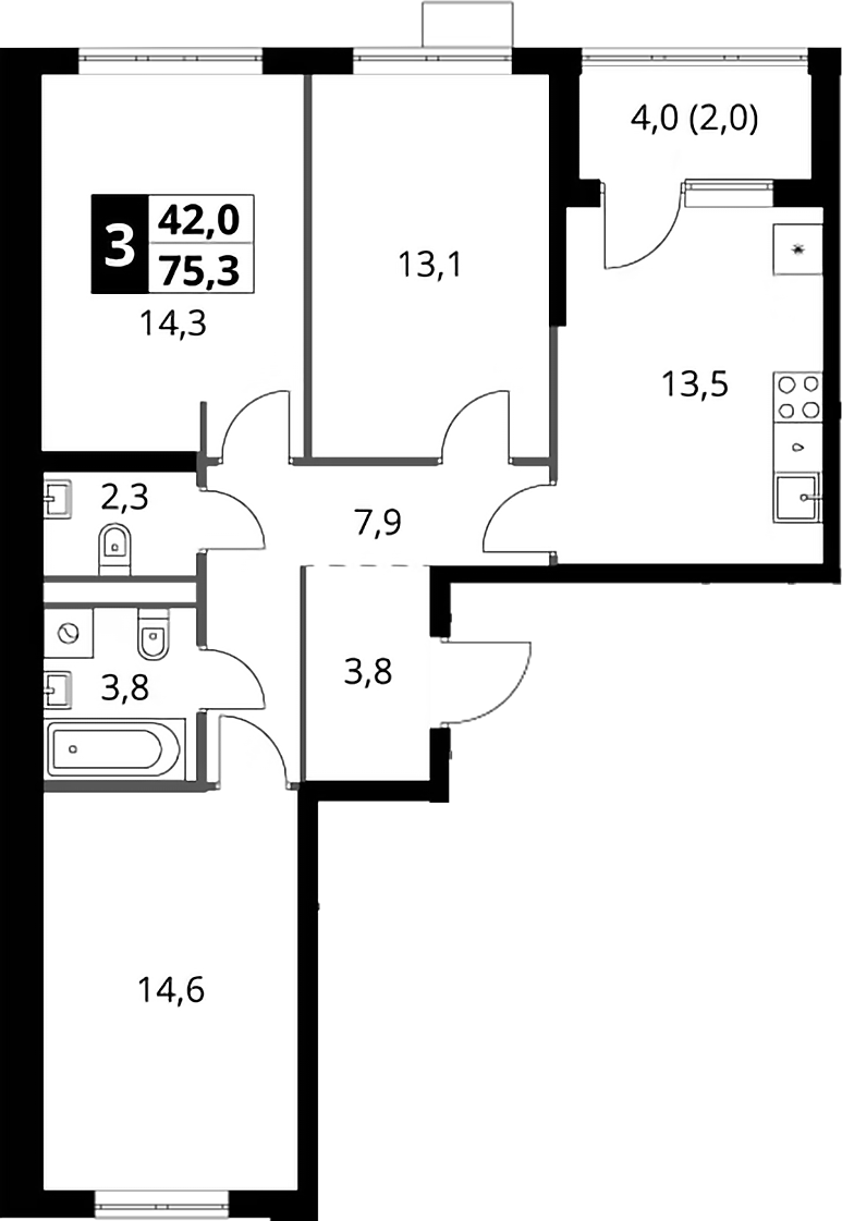 3-комн., 73.3 м², 9/9 этаж, ЖК «1-й Ясеневский»