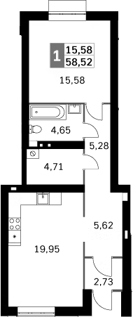 2-комн., 58.52 м², 1/4 этаж, ЖК «Жаворонки Клаб»