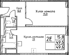 2-комн., 49.6 м², 26/29 этаж, ЖК «Наметкин Тауэр»