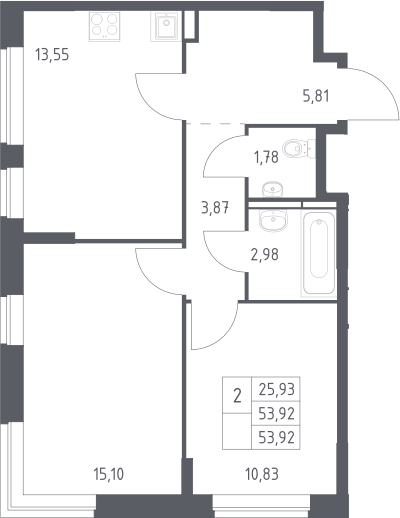2-комн., 53.92 м², 5/12 этаж, ЖК «Богдановский лес»