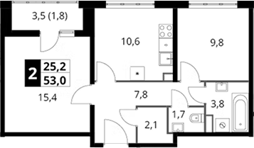 2-комн., 51.2 м², 3/22 этаж, ЖК «Южная Битца»