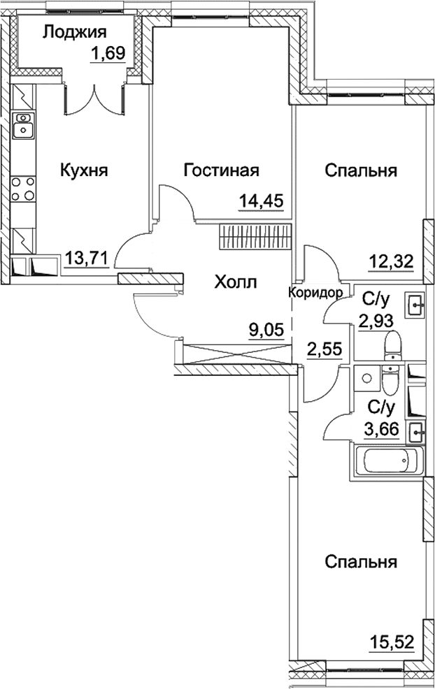 3-комн., 74.19 м², 11/16 этаж, ЖК «СЕЗАР СИТИ»