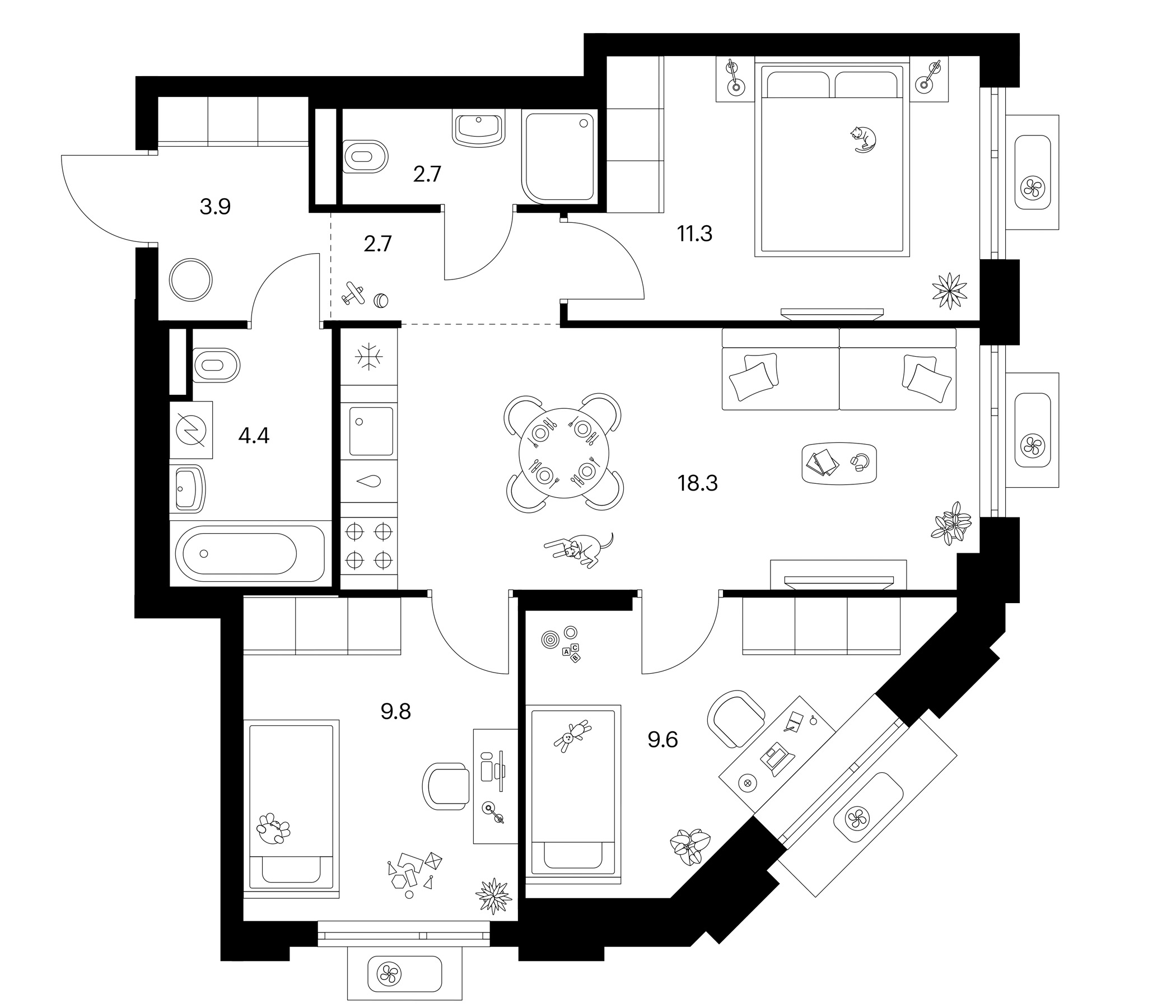 3-комн., 62.7 м², 23/25 этаж, ЖК «Белая Дача парк»