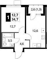 1-комн., 33.4 м², 17/18 этаж, ЖК «1-й Ясеневский»