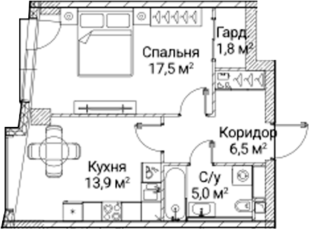1-комн., 44.77 м², 6/41 этаж, ЖК «СЕЗАР БУДУЩЕЕ»