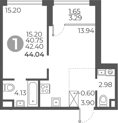 1-комн., 40.75 м², 5/27 этаж, ЖК «Мневники от Гранель»