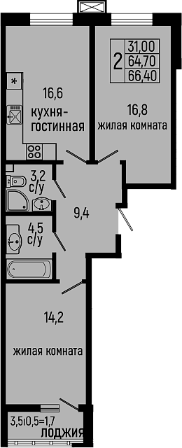 2-комн. квартира, 64.7 м² в ЖК Звезды — фото 2