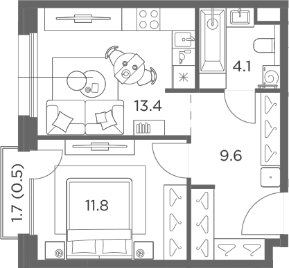 1-комн., 38.9 м², 6/6 этаж, ЖК «Станиславский»