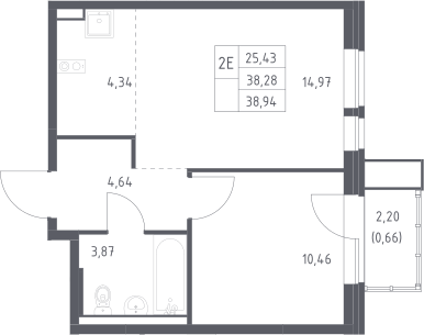 2-комн., 38.28 м², 17/17 этаж, ЖК «Квартал Авиаторов»