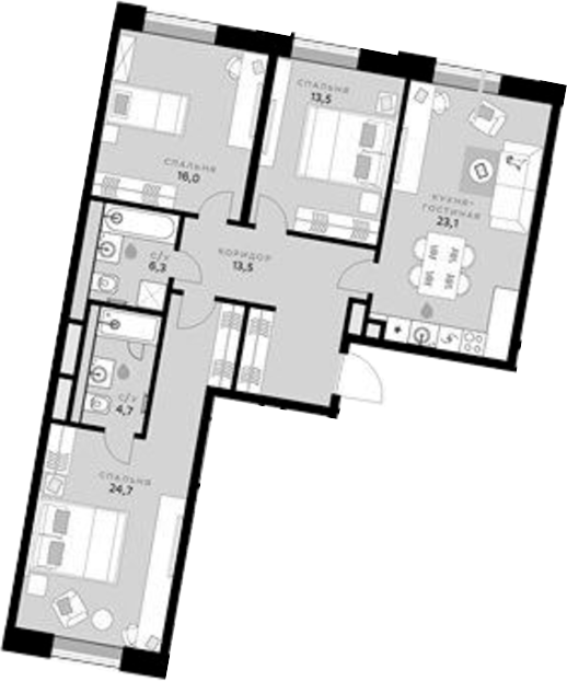 4+ комнаты, 101.8 м², 4/7 этаж, ЖК «СберСити»